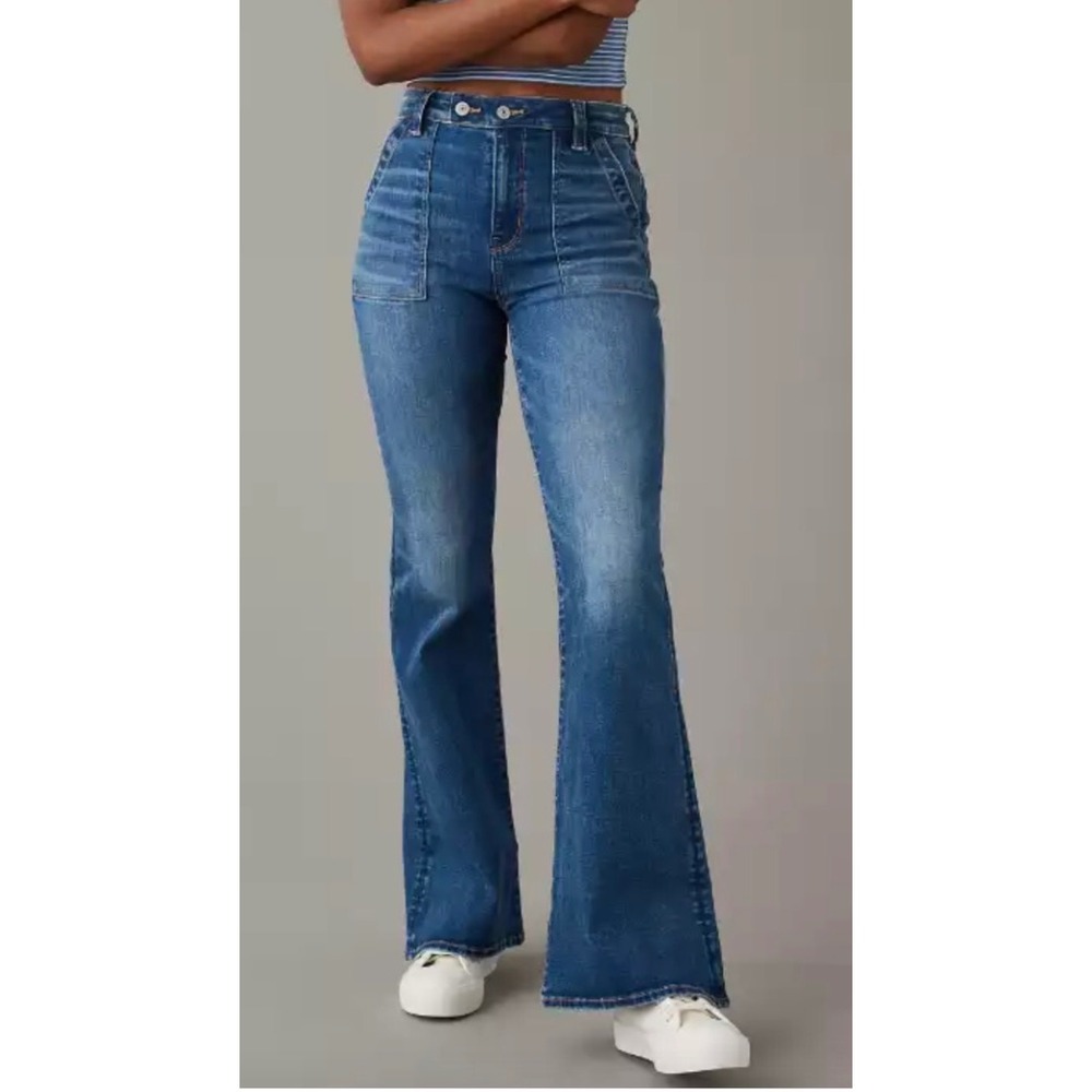 American Eagle Super HR Flare Jeans Medium Wash Next‎ Level Stretch 00 Long